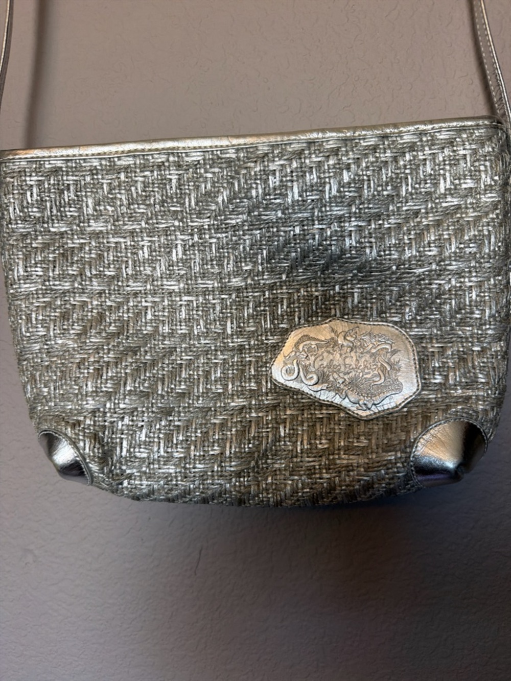 Carlos Falchi Metallic Silver Woven Crossbody Bag